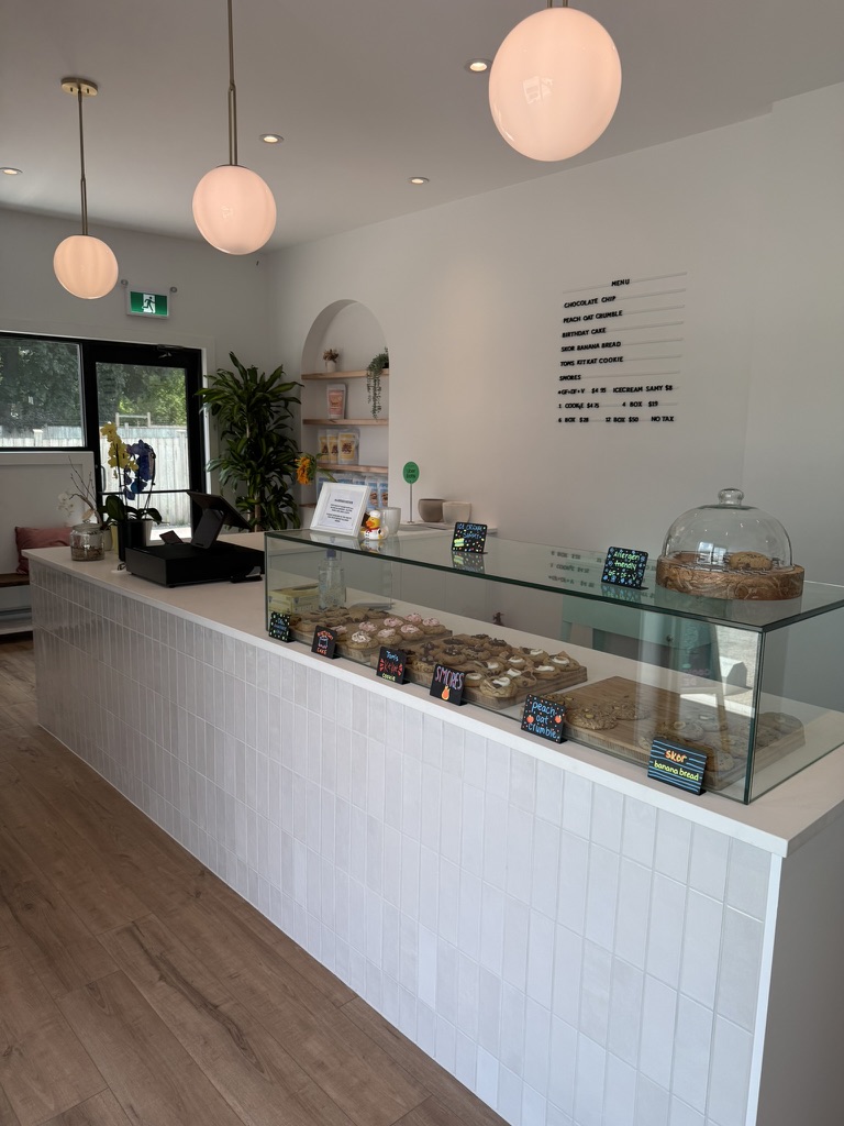 Customer area, storefront entrance and pendant lighting