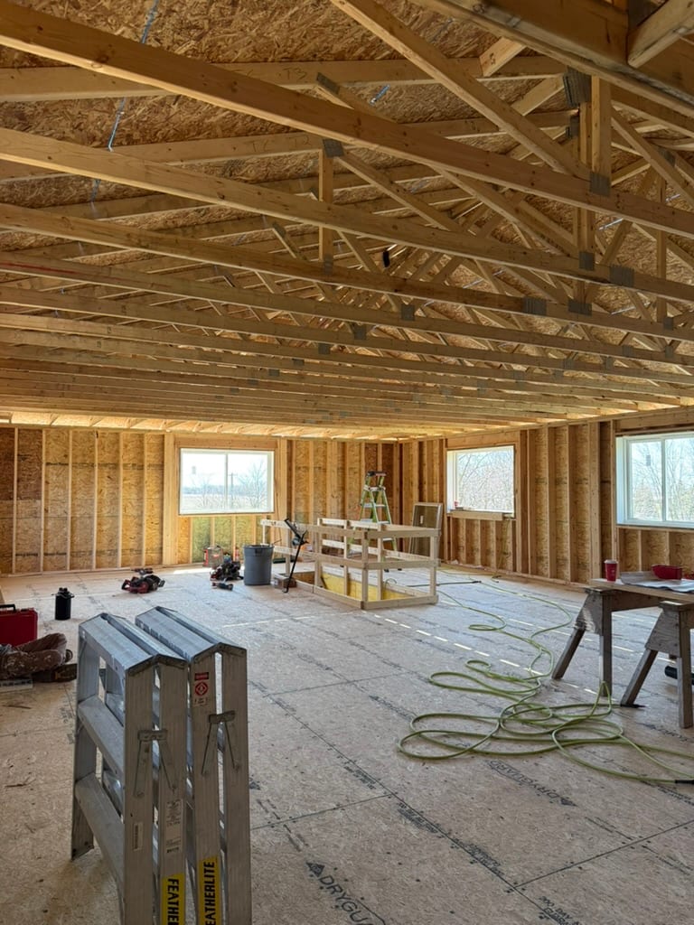 Roof and wall framing on the MacDonald addition